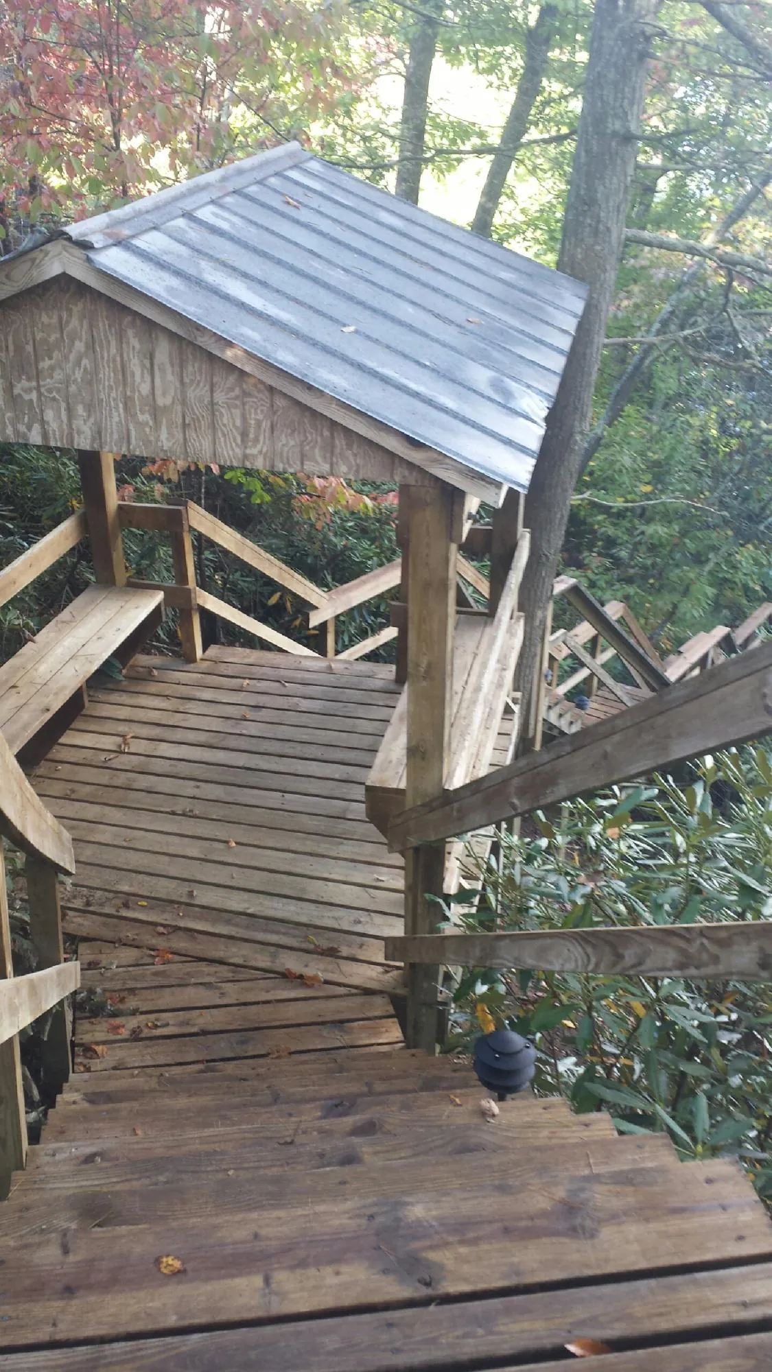 Metal roofed shelter over wooden steps on a wooded walkway — Skylight Repair & Installation work by our crew in Copemish